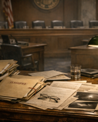 Dim Senate hearing room and UAP records folders used as the featured image for the Schumer UAP Disclosure Act article.