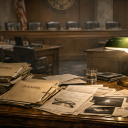 Dim Senate hearing room and UAP records folders used as the featured image for the Schumer UAP Disclosure Act article.