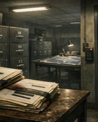 Documentary-style image of a secure records room with restricted files, used for an article about special access programs and UFO secrecy.