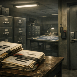Documentary-style image of a secure records room with restricted files, used for an article about special access programs and UFO secrecy.