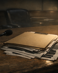 Documentary-style image of a dim hearing room and redacted documents for a UAP whistleblower laws article.