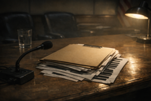 Documentary-style image of a dim hearing room and redacted documents for a UAP whistleblower laws article.