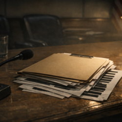 Documentary-style image of a dim hearing room and redacted documents for a UAP whistleblower laws article.