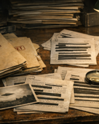 Documentary-style image of secret files and redacted documents for a UFO leaks article.