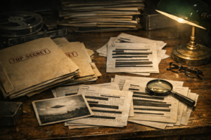 Documentary-style image of secret files and redacted documents for a UFO leaks article.