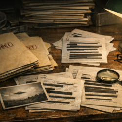 Documentary-style image of secret files and redacted documents for a UFO leaks article.