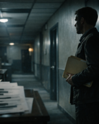 Documentary-style image of a lone government staffer in a dim secure corridor, used for a UFO whistleblower retaliation article.