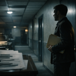 Documentary-style image of a lone government staffer in a dim secure corridor, used for a UFO whistleblower retaliation article.