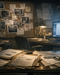 Documentary-style image of a records room and analysis board for a UFO disinformation theory article.