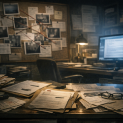 Documentary-style image of a records room and analysis board for a UFO disinformation theory article.
